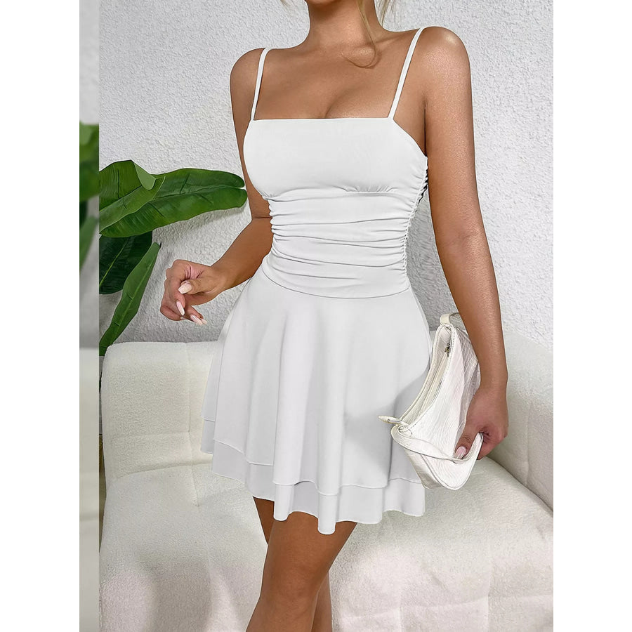 Ruched Spaghetti Strap Layered Mini Dress Apparel and Accessories