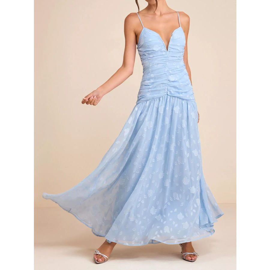 Ruched Spaghetti Strap Maxi Dress Light Blue / S Apparel and Accessories