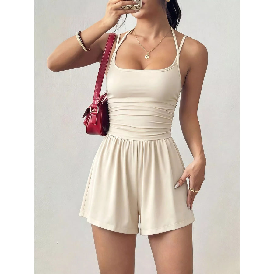 Ruched Spaghetti Strap Romper Apricot / XS Apparel and Accessories