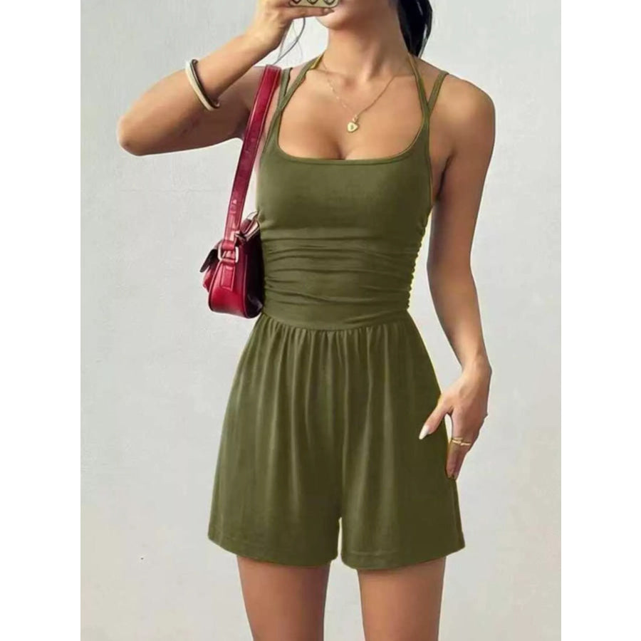 Ruched Spaghetti Strap Romper Army Green / XS Apparel and Accessories