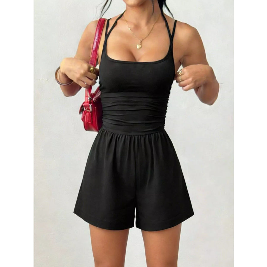 Ruched Spaghetti Strap Romper Black / S Apparel and Accessories