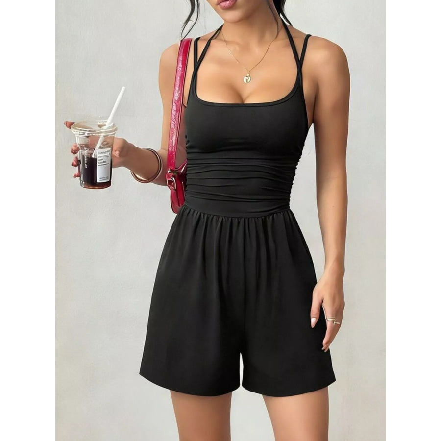 Ruched Spaghetti Strap Romper Black / XS Apparel and Accessories