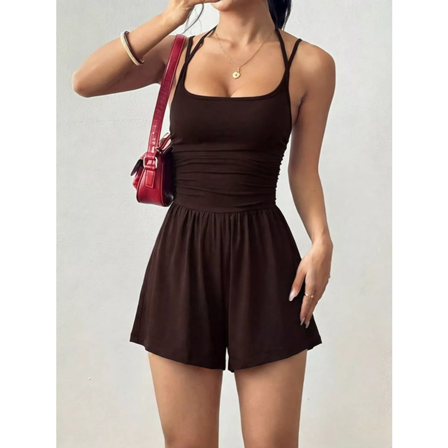 Ruched Spaghetti Strap Romper Brown / S Apparel and Accessories