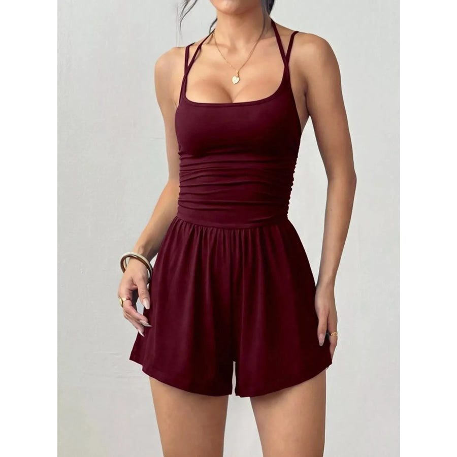 Ruched Spaghetti Strap Romper Burgundy / XS Apparel and Accessories