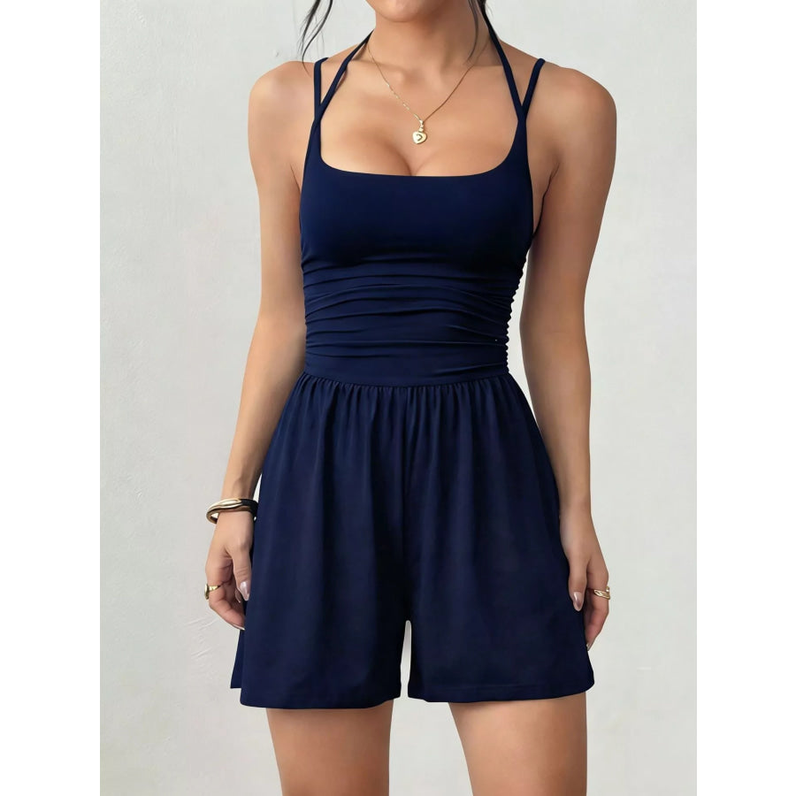 Ruched Spaghetti Strap Romper Dark Blue / S Apparel and Accessories
