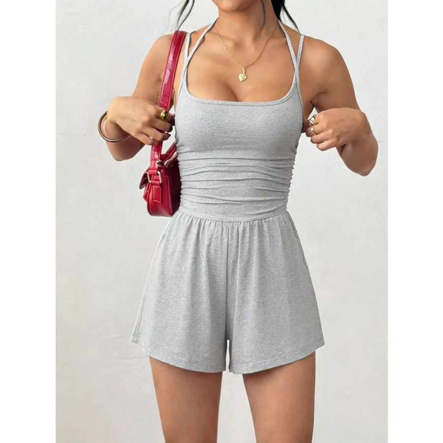 Ruched Spaghetti Strap Romper Floral Gray / S Apparel and Accessories