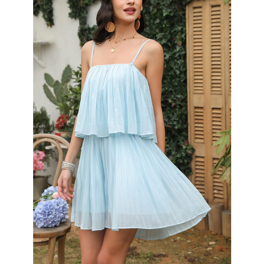 Ruched Spaghetti Strap Romper Misty Blue / S Apparel and Accessories