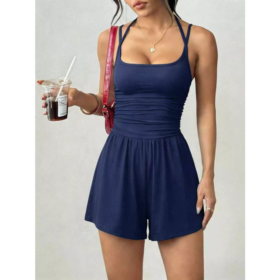 Ruched Spaghetti Strap Romper Navy / XS Apparel and Accessories
