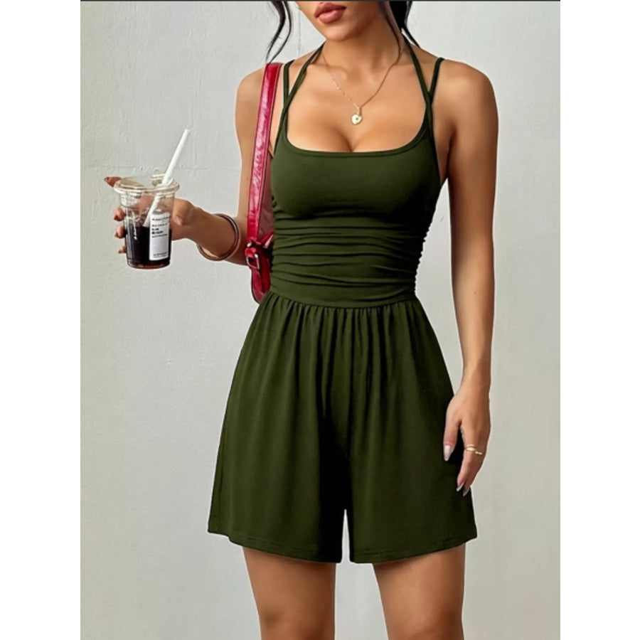 Ruched Spaghetti Strap Romper Olive Green / S Apparel and Accessories