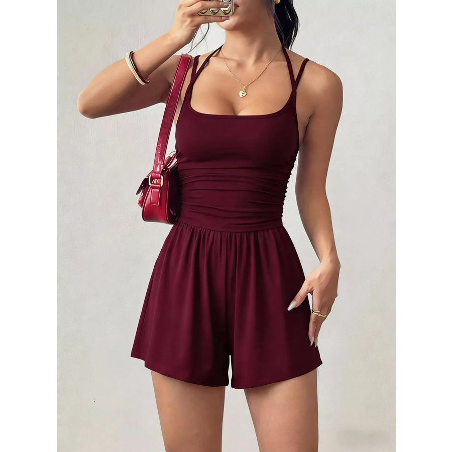 Ruched Spaghetti Strap Romper Wine Red / S Apparel and Accessories