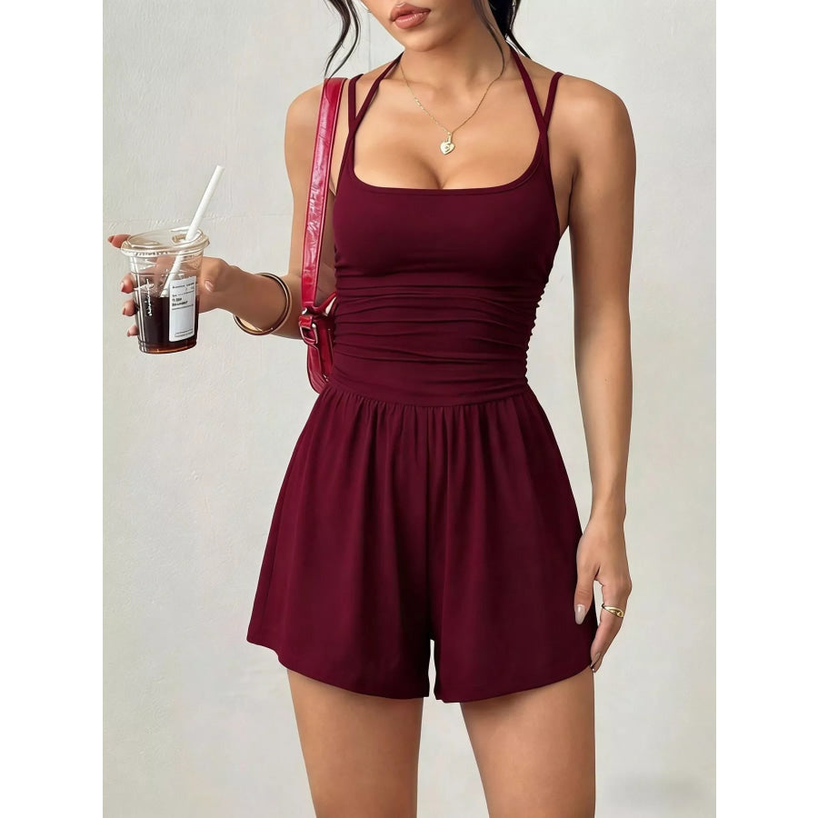 Ruched Spaghetti Strap Romper Wine Red / XS Apparel and Accessories