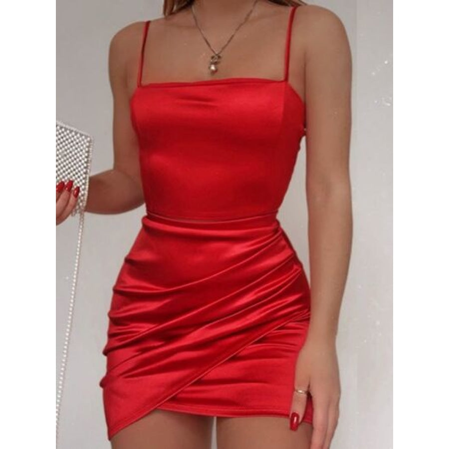 Ruched Spaghetti strap Wrap Dress Deep Red / S Clothing