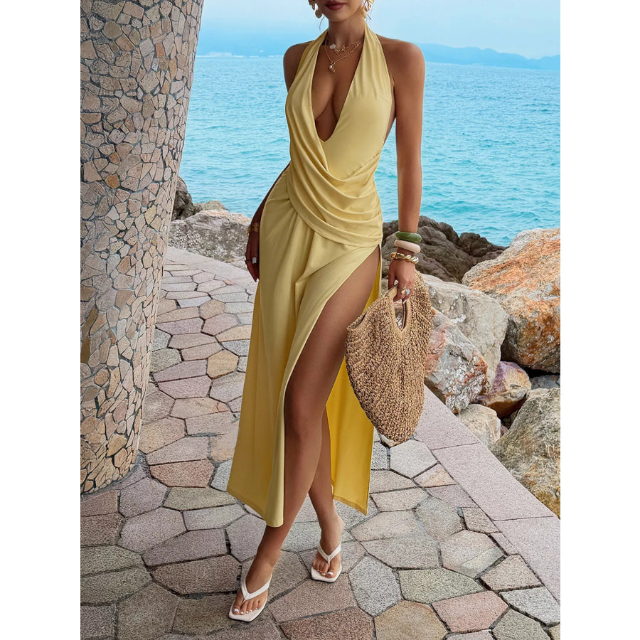 Ruched Split Halter Neck Maxi Dress Apparel and Accessories