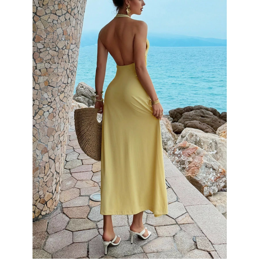 Ruched Split Halter Neck Maxi Dress Apparel and Accessories