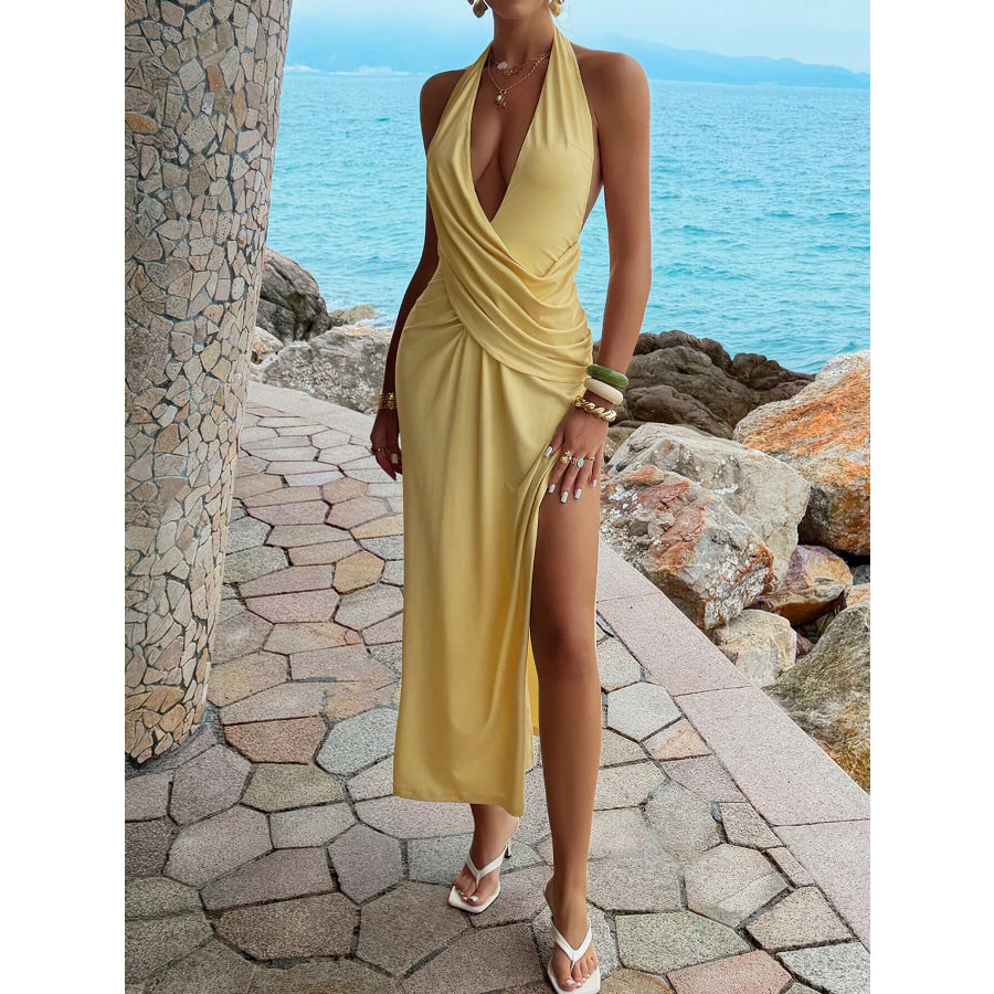 Ruched Split Halter Neck Maxi Dress Light Yellow / S Apparel and Accessories