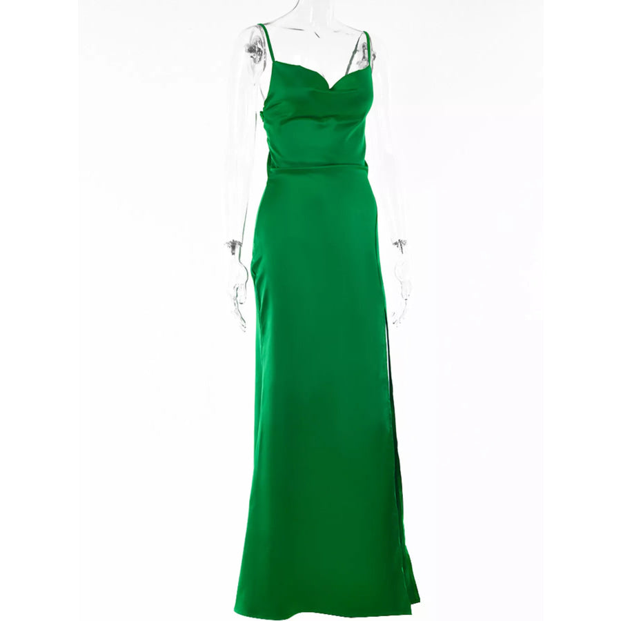 Ruched Split Spaghetti Strap Maxi Dress Apparel and Accessories