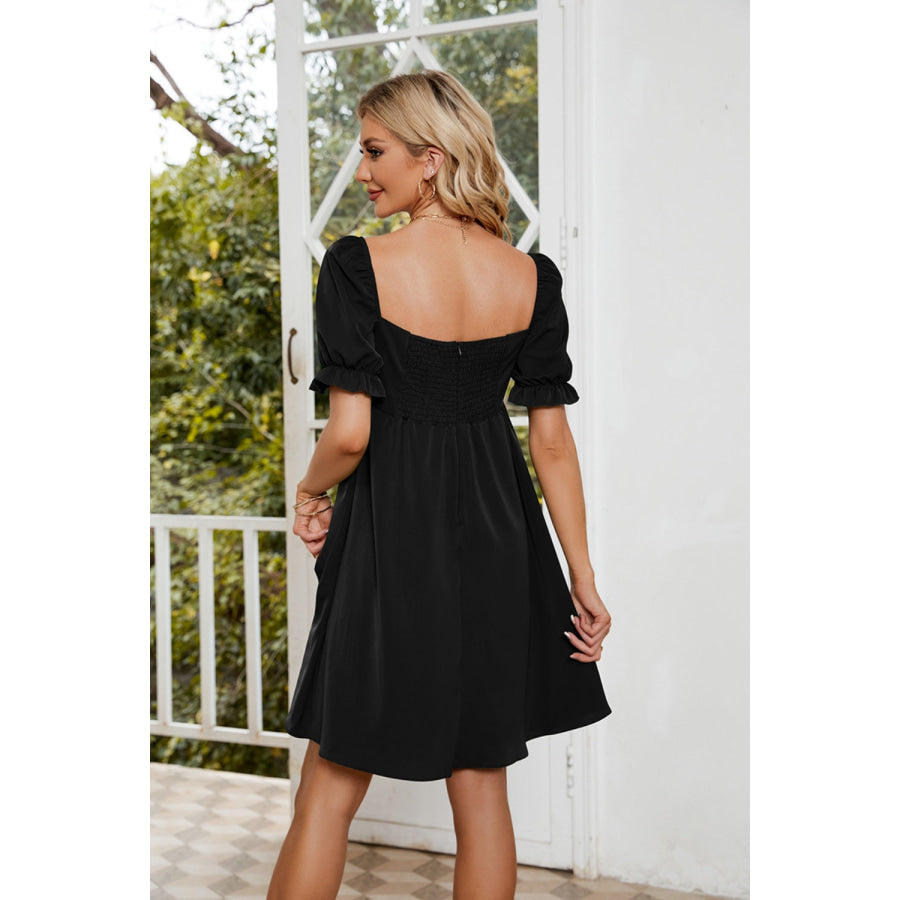 Ruched Square Neck Flounce Sleeve Mini Dress Apparel and Accessories