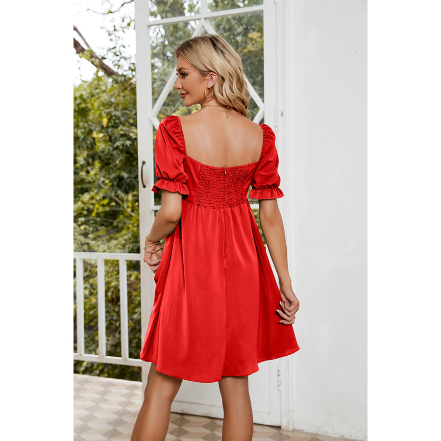 Ruched Square Neck Flounce Sleeve Mini Dress Apparel and Accessories