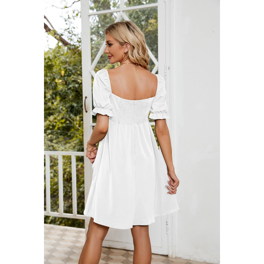 Ruched Square Neck Flounce Sleeve Mini Dress White / S Apparel and Accessories