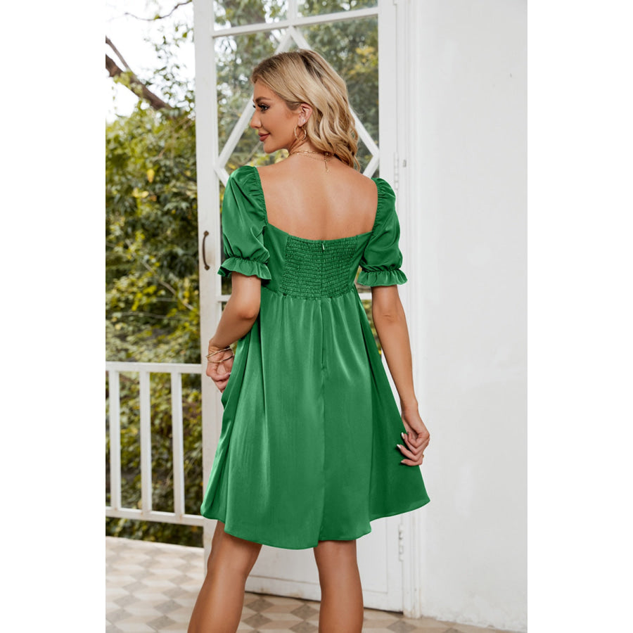 Ruched Square Neck Flounce Sleeve Mini Dress Apparel and Accessories