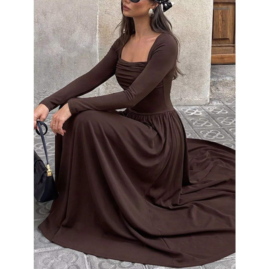 Ruched Square Neck Long Sleeve Maxi Dress Coffee Brown / S Apparel and Accessories