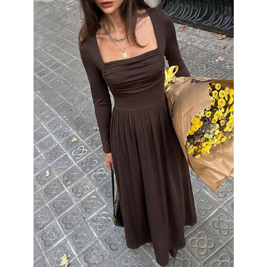 Ruched Square Neck Long Sleeve Maxi Dress Apparel and Accessories