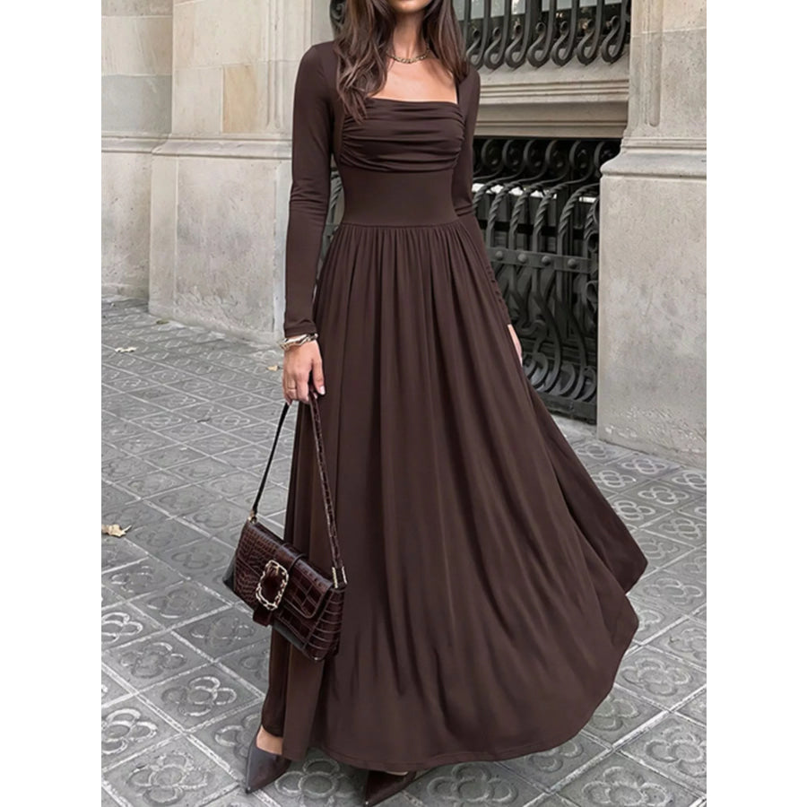 Ruched Square Neck Long Sleeve Maxi Dress Apparel and Accessories