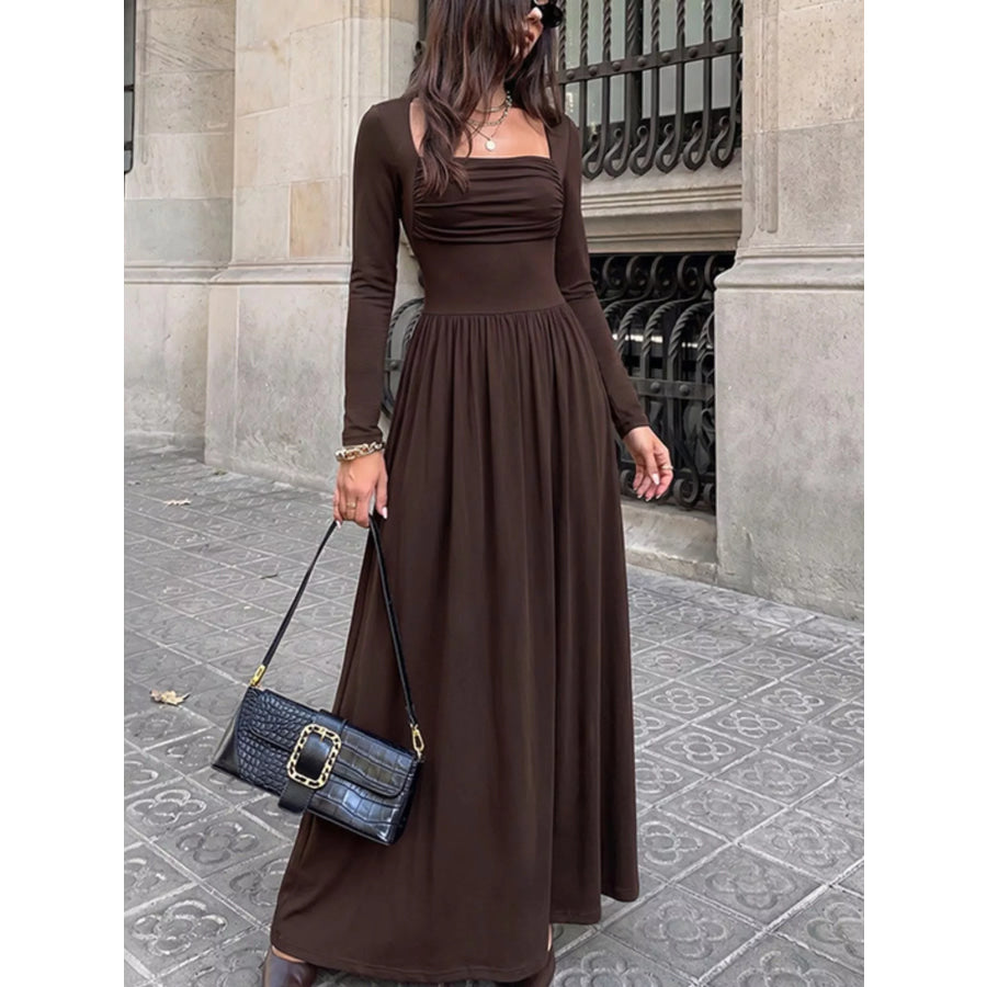 Ruched Square Neck Long Sleeve Maxi Dress Coffee Brown / S Apparel and Accessories