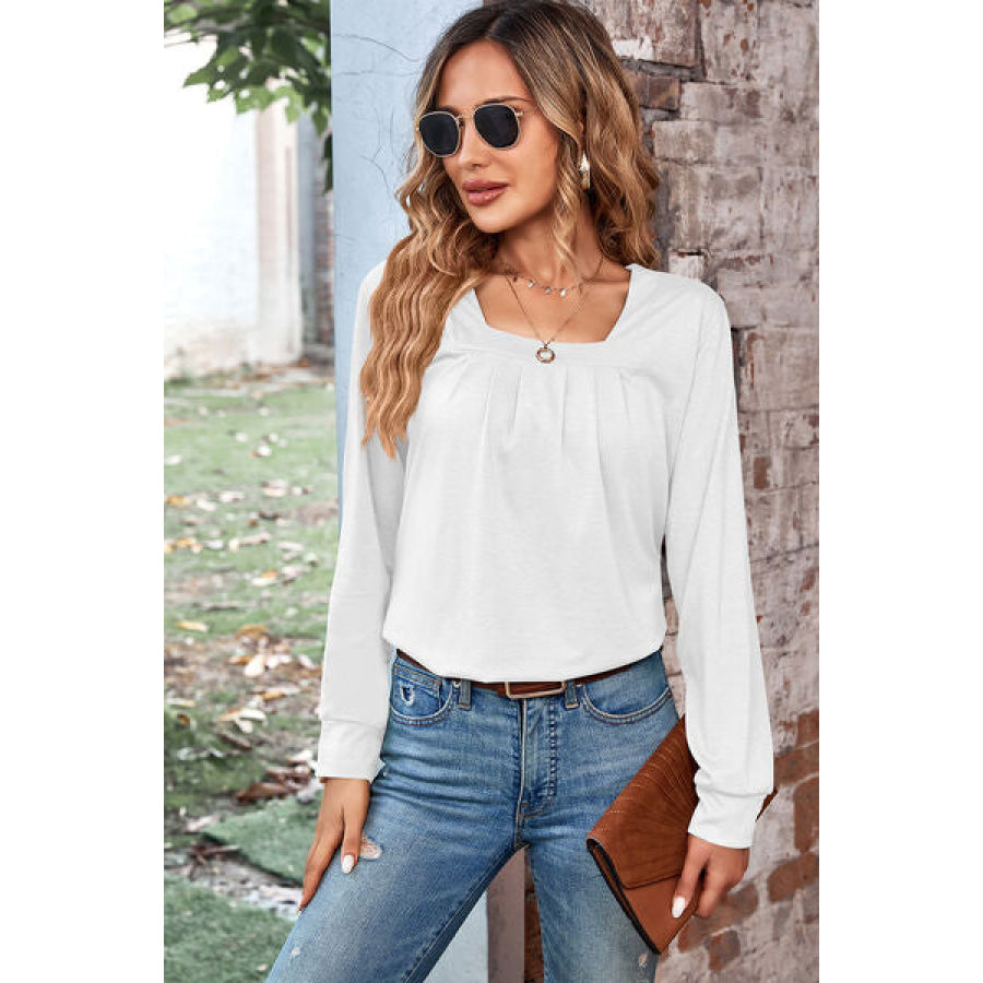 Ruched Square Neck Long Sleeve T - Shirt Apparel and Accessories