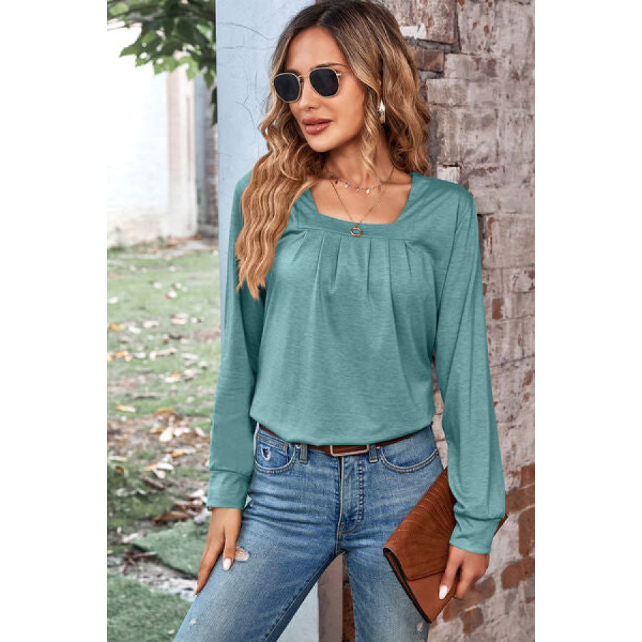 Ruched Square Neck Long Sleeve T - Shirt Apparel and Accessories