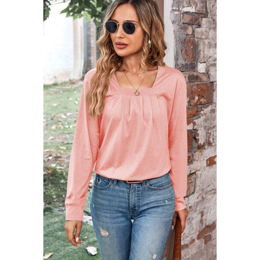 Ruched Square Neck Long Sleeve T - Shirt Apparel and Accessories