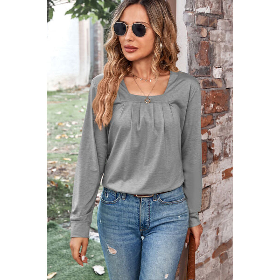 Ruched Square Neck Long Sleeve T - Shirt Apparel and Accessories