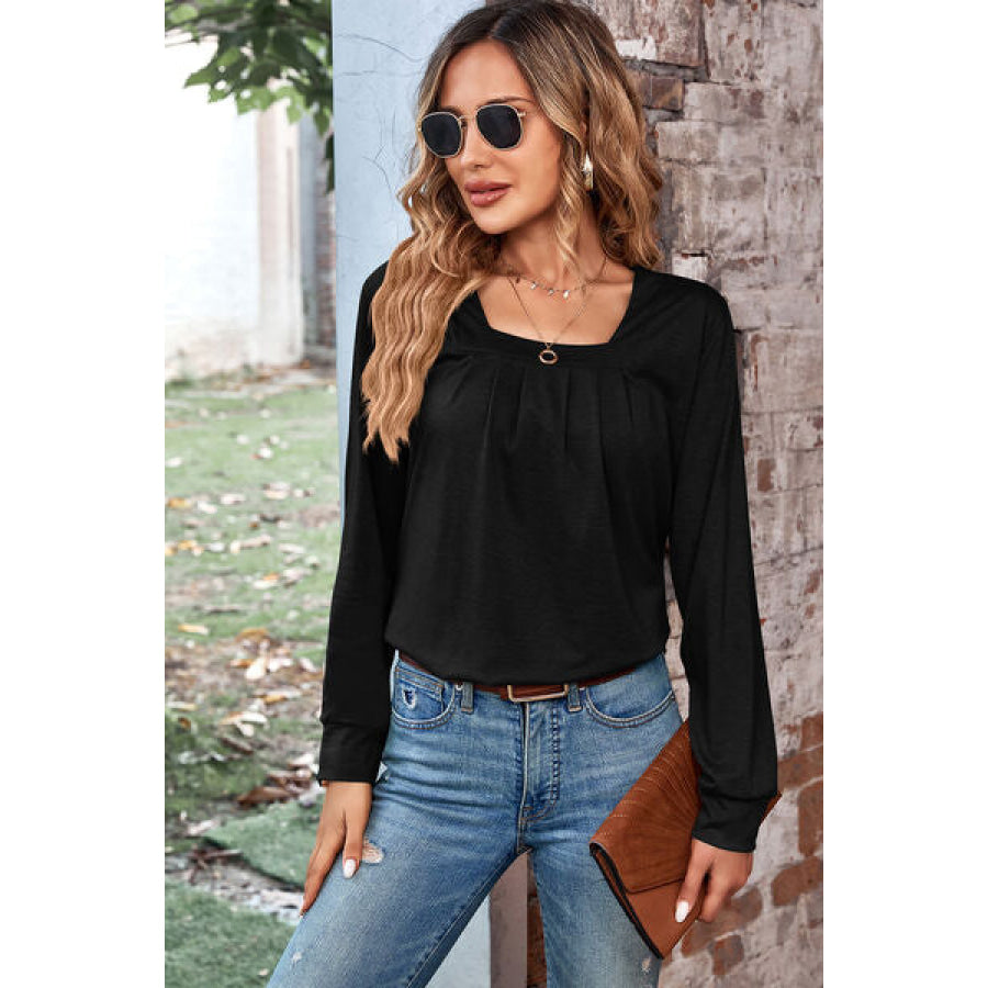 Ruched Square Neck Long Sleeve T - Shirt Apparel and Accessories