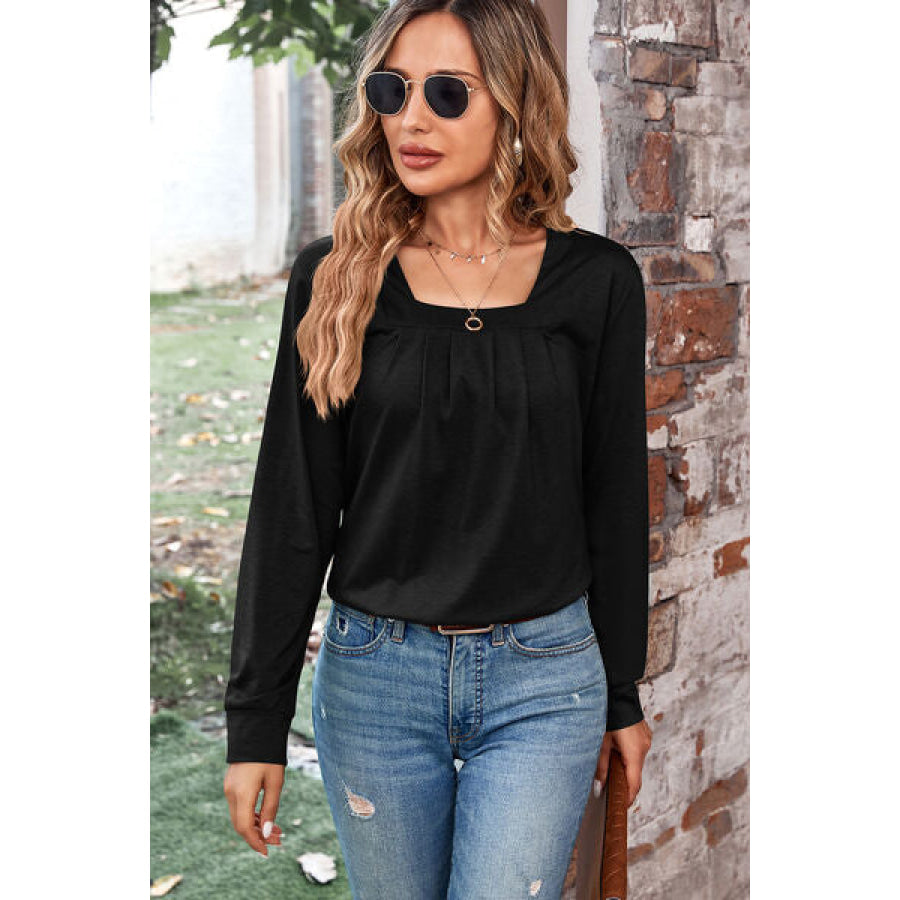 Ruched Square Neck Long Sleeve T - Shirt Black / S Apparel and Accessories