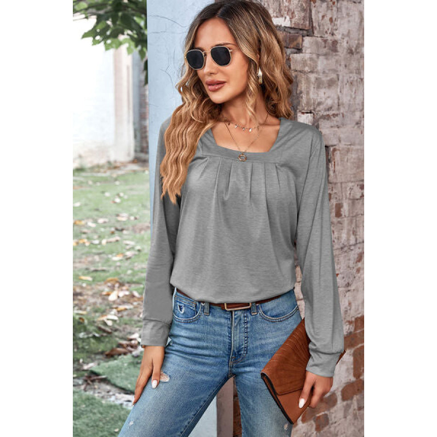 Ruched Square Neck Long Sleeve T - Shirt Heather Gray / S Apparel and Accessories