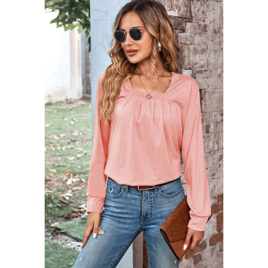 Ruched Square Neck Long Sleeve T - Shirt Peach / S Apparel and Accessories