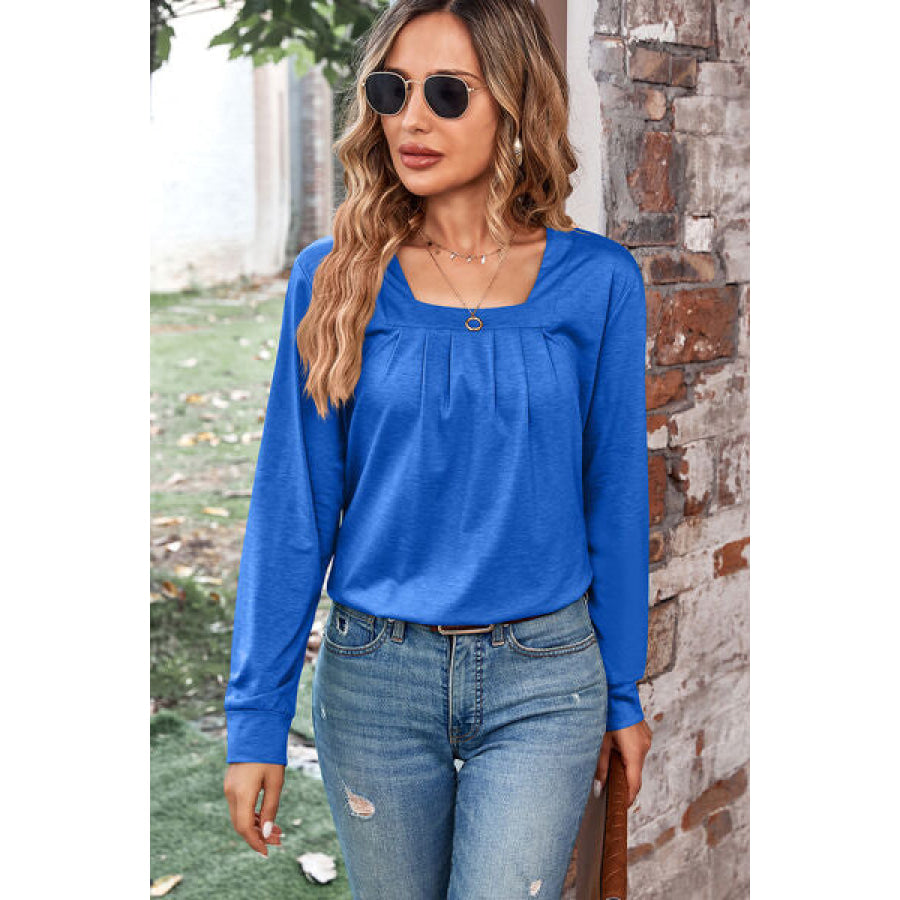 Ruched Square Neck Long Sleeve T - Shirt Ultra marine / S Apparel and Accessories