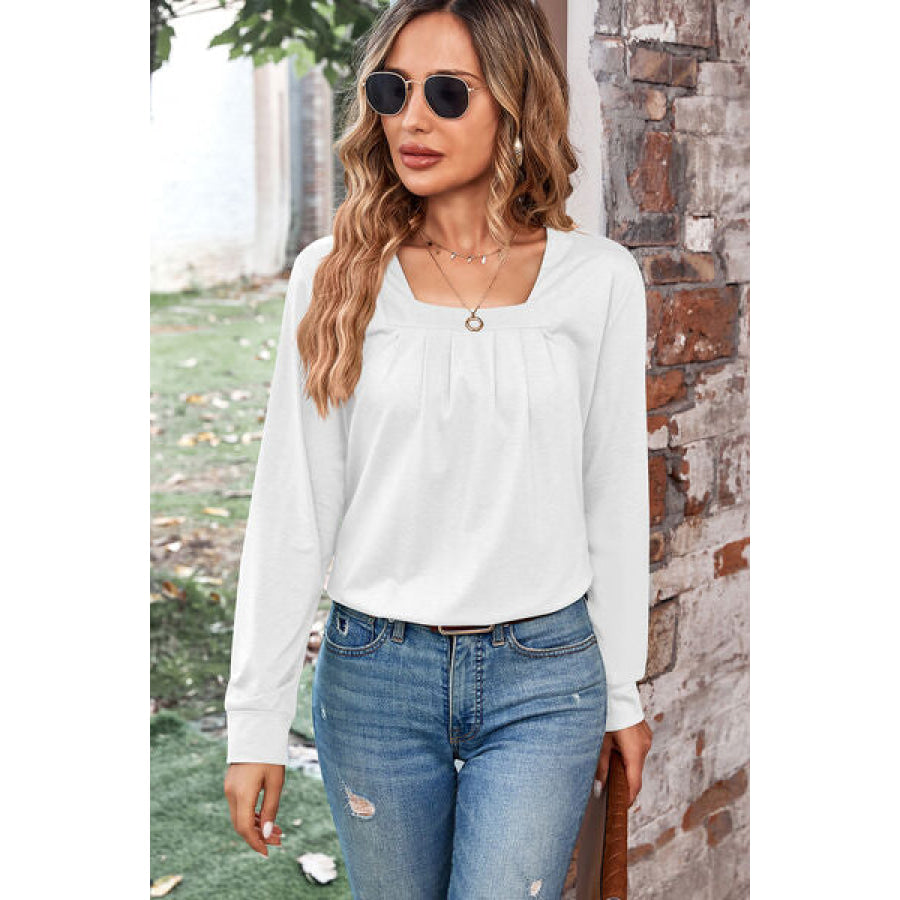 Ruched Square Neck Long Sleeve T - Shirt White / S Apparel and Accessories