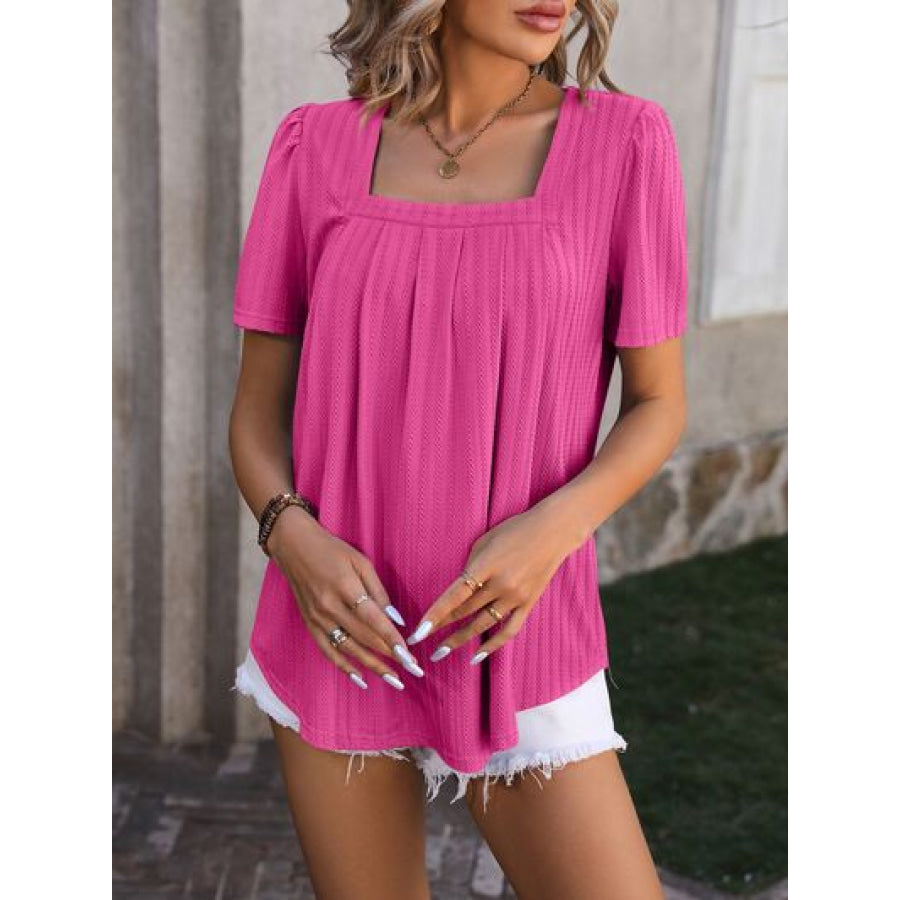 Ruched Square Neck Short Sleeve Blouse Apparel and Accessories