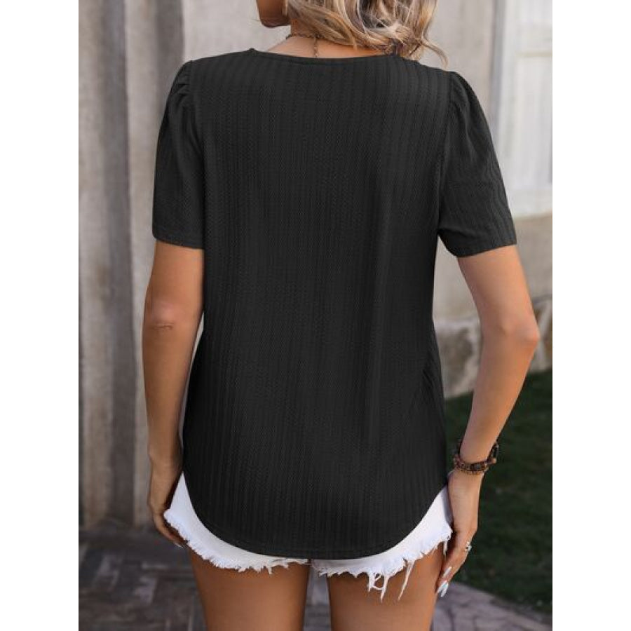 Ruched Square Neck Short Sleeve Blouse Apparel and Accessories