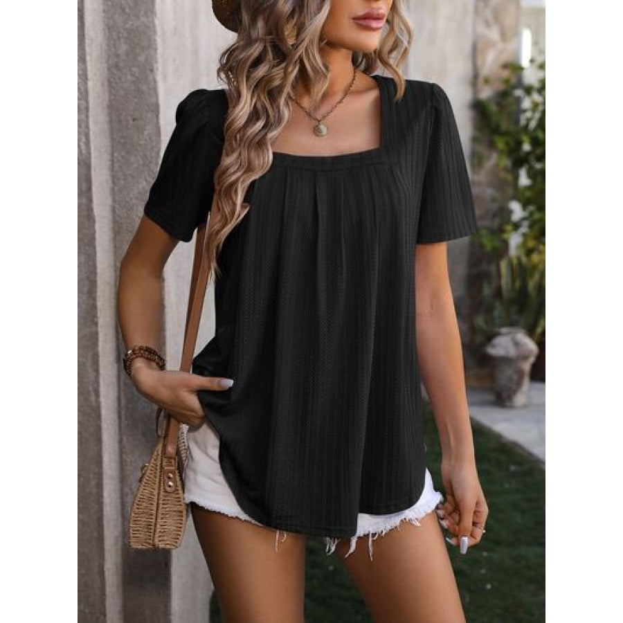 Ruched Square Neck Short Sleeve Blouse Apparel and Accessories