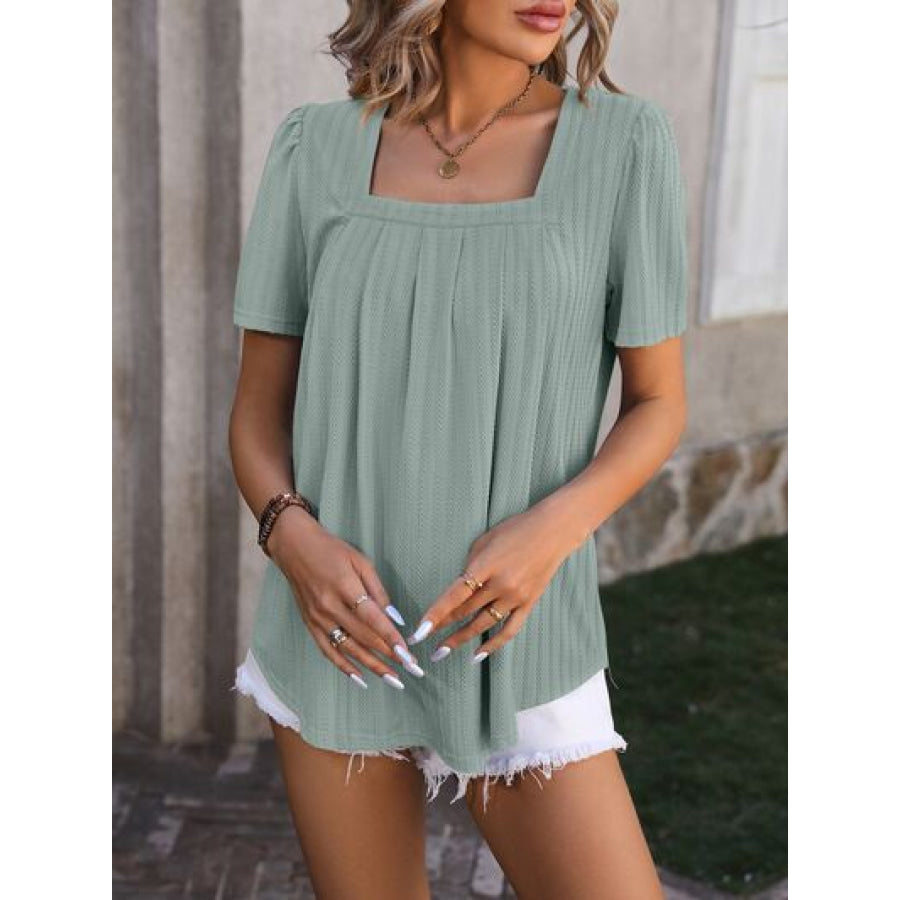 Ruched Square Neck Short Sleeve Blouse Apparel and Accessories