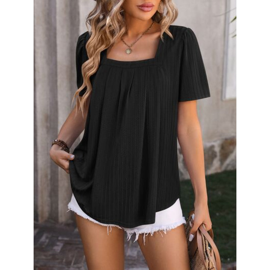 Ruched Square Neck Short Sleeve Blouse Black / S Apparel and Accessories