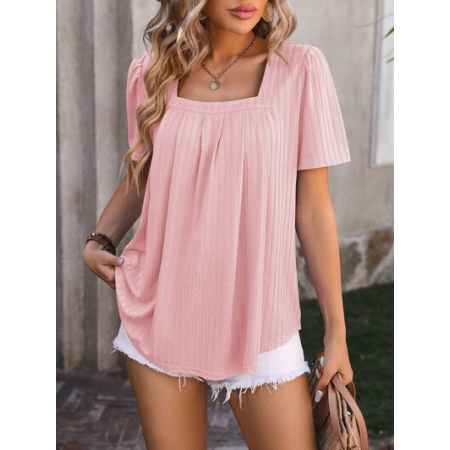 Ruched Square Neck Short Sleeve Blouse Dusty Pink / S Apparel and Accessories