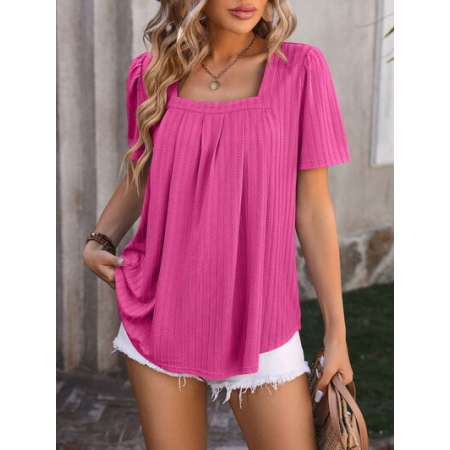 Ruched Square Neck Short Sleeve Blouse Hot Pink / S Apparel and Accessories