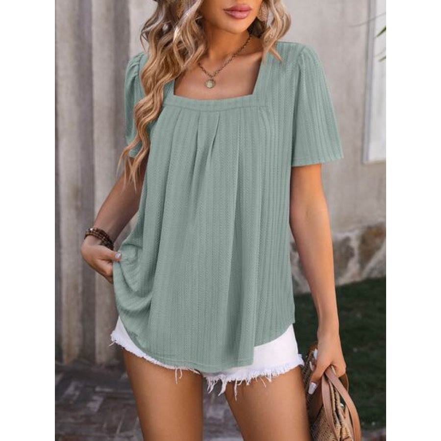 Ruched Square Neck Short Sleeve Blouse Sage / S Apparel and Accessories