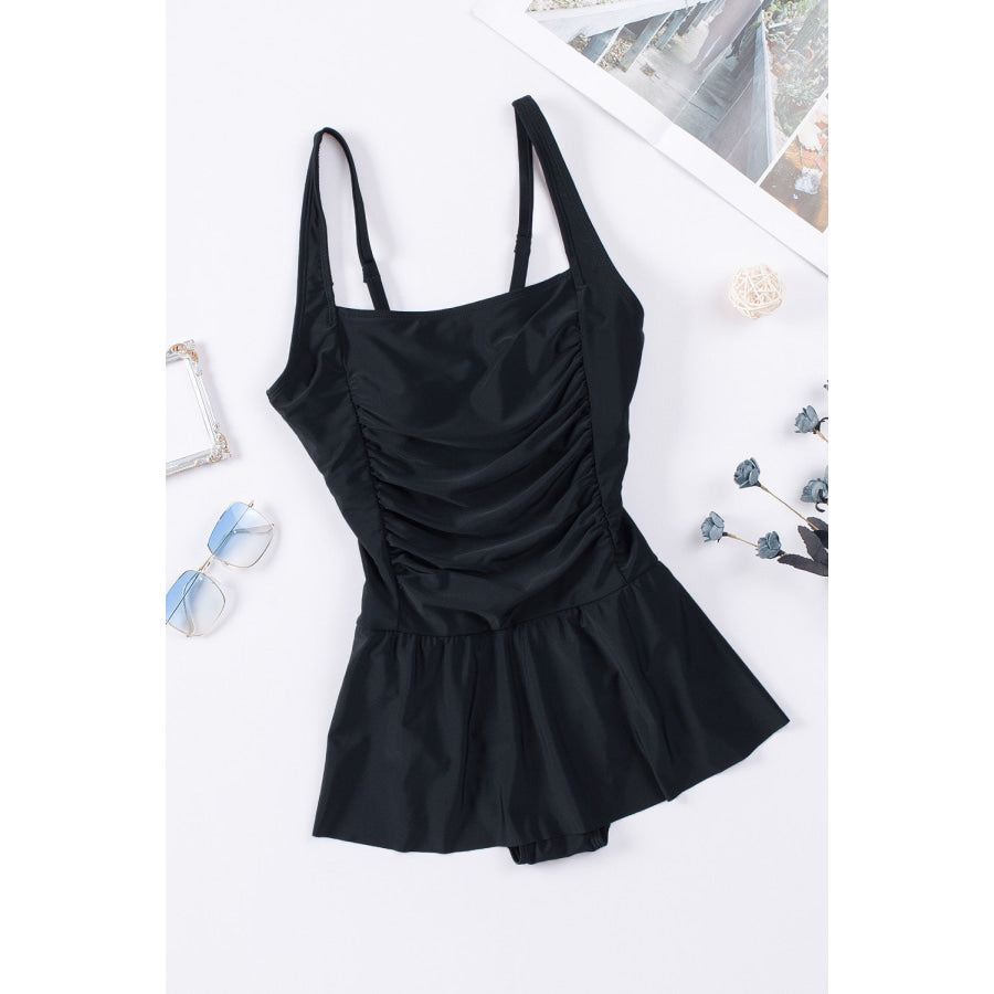 Ruched Square Neck Sleeveless One - Piece Swimwear Apparel and Accessories