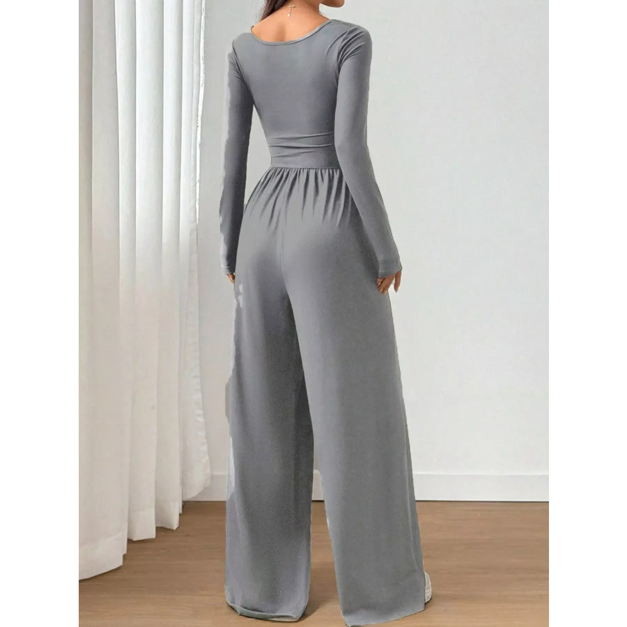 Ruched Square Neck Wide-Leg Jumpsuit Apparel and Accessories