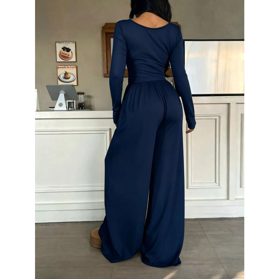 Ruched Square Neck Wide-Leg Jumpsuit Apparel and Accessories
