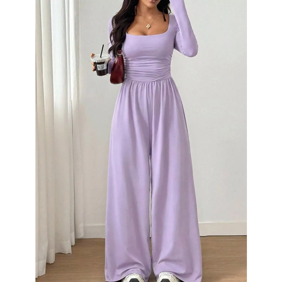 Ruched Square Neck Wide-Leg Jumpsuit Apparel and Accessories
